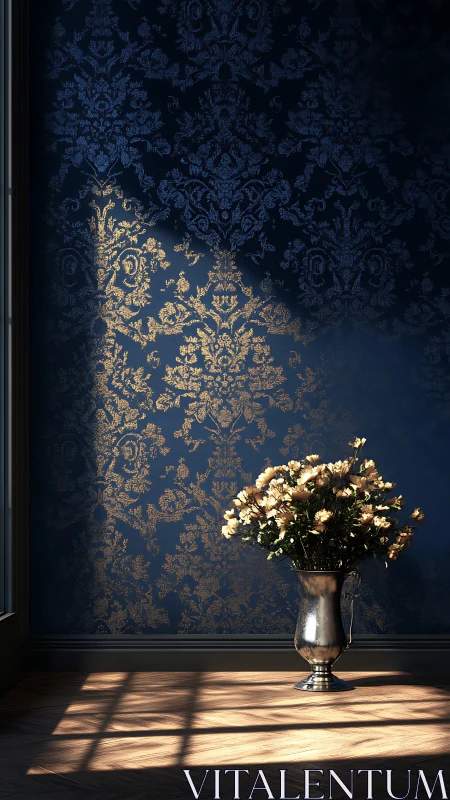 Silver vase with flowers against patterned blue wall.