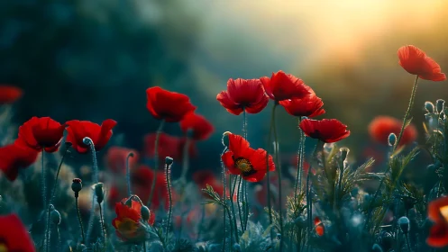 Red Poppies Glowing in Golden Hour Light. Soft Focus.