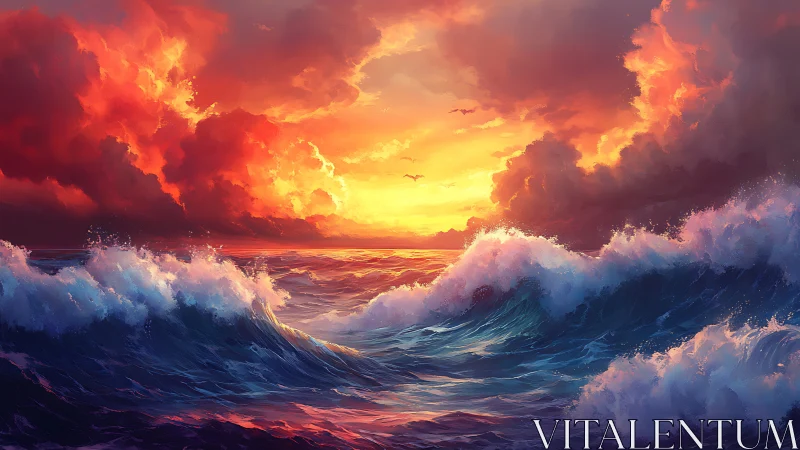 Storm-tossed ocean waves beneath incendiary sunset sky.