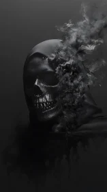 Hooded skull dissolves into drifting black and gray smoke