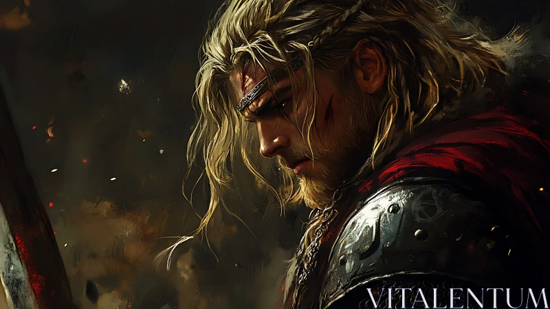 Battle-worn blond warrior stares downward in side profile