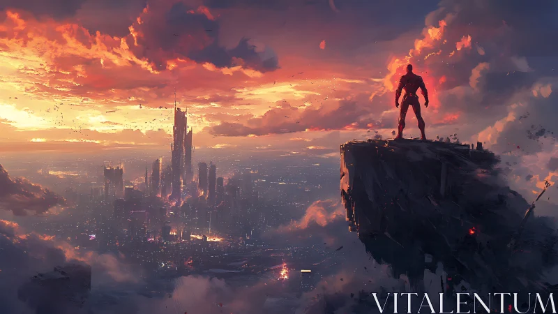 Armored sentinel surveys burning cyber-megacity at sunset sky