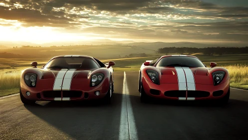 Twin crimson racers greet a sunrise-drenched open highway.