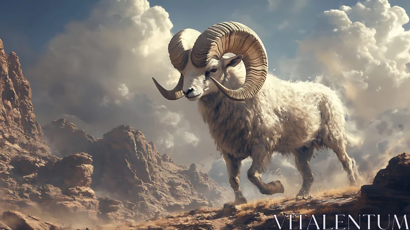 Majestic horned ram striding through stormlit desert canyon.