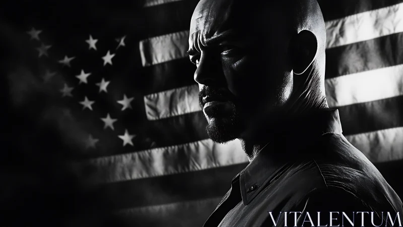 Brooding man in harsh light against dramatic US flag backdrop.
