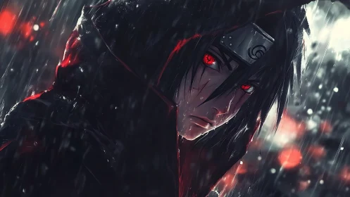 Anime rain portrait with dramatic red accent lighting.