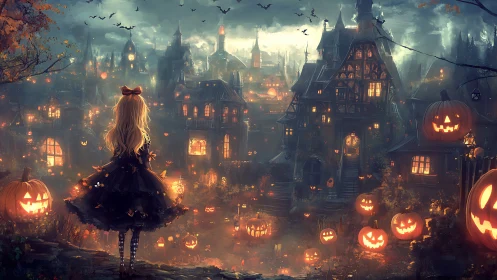 Young witch gazes over glowing Halloween village at dusk