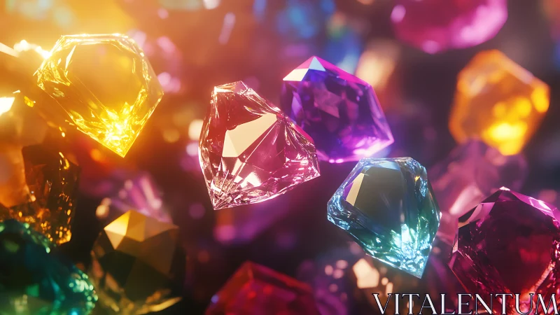 Colorful faceted gemstones floating in glowing light.