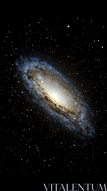 Spiral galaxy with bright core in dense star field in space.