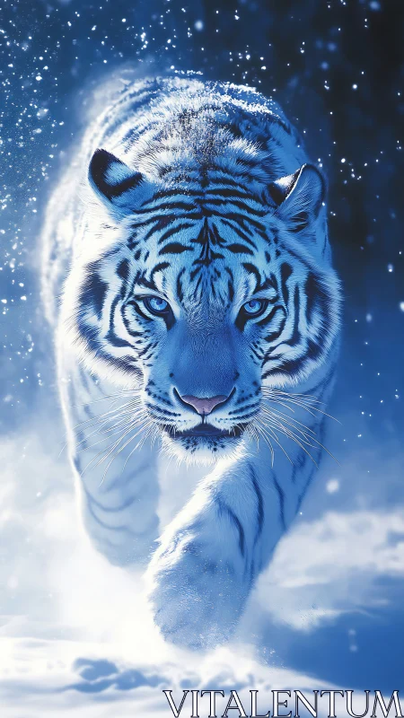 White tiger moving through snow under blue lighting conditions.