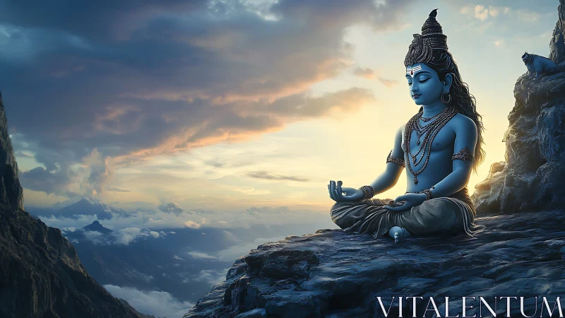 Mountain-top blue deity breathes dawn into stillness
