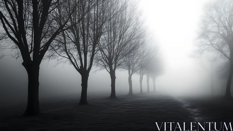 Bare deciduous trees align in dense ground fog over grassland