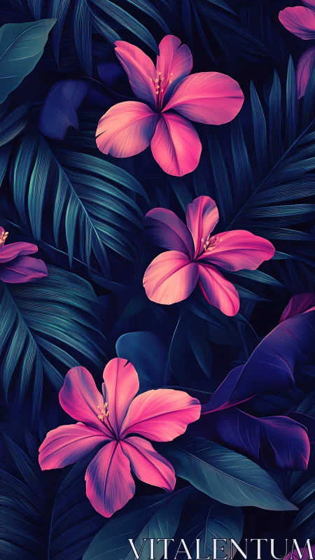 Neon Pink Flowers Against Dark Foliage.