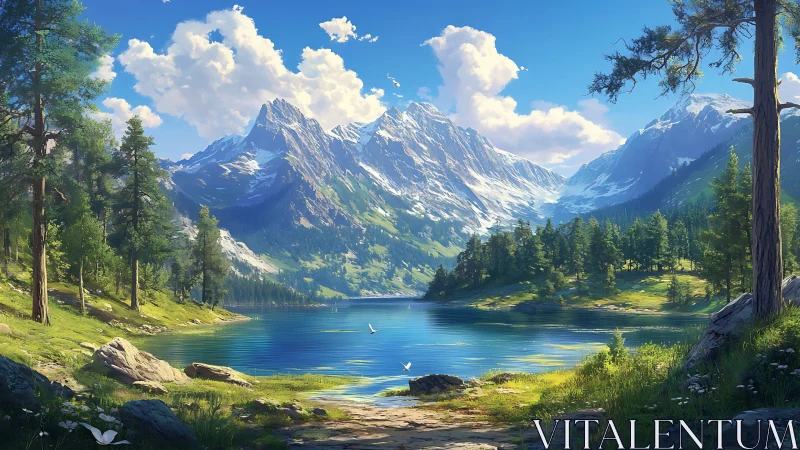 Snowcapped mountain lake reflects bright summer sky