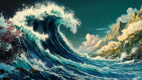 Colossal teal wave crashes toward sunlit terraced coastline.