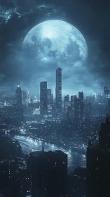 Gigantic moon dominates nocturnal futuristic river cityscape