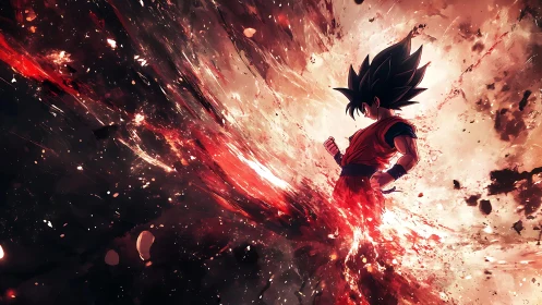 Silhouetted spiky haired fighter amid red energy burst.