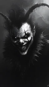 Monochrome demonic clown portrait with high contrast chiaroscuro.