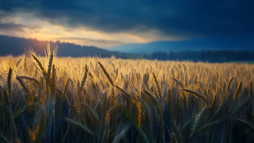 Wheat field under low sun with distant hills and dark clouds.