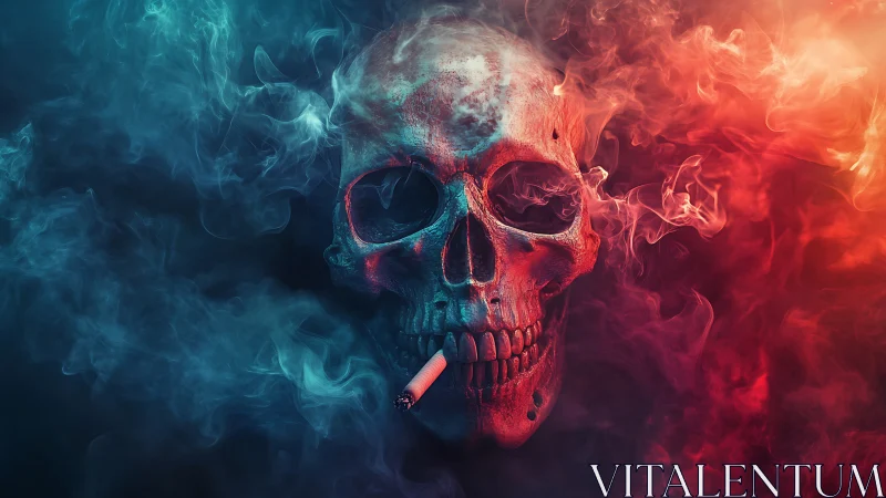 Burning skull holds cigarette amid red and blue smoke