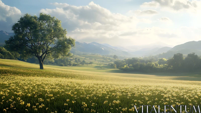 Sunlit lone tree above rolling fields of golden flowers.