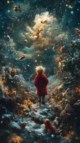 Child in red coat wandering through enchanted winter night.