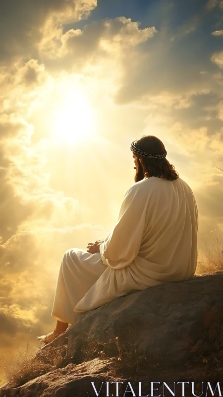Radiant robed figure seated on sunlit rocky hillside at dawn.