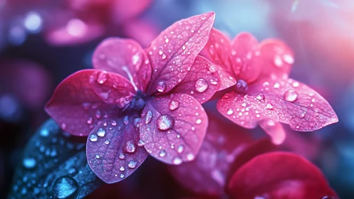 Soft pink petals glow gently under raindrops and cool light