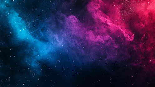 Cosmic nebula glows in vibrant magenta and cyan clouds.