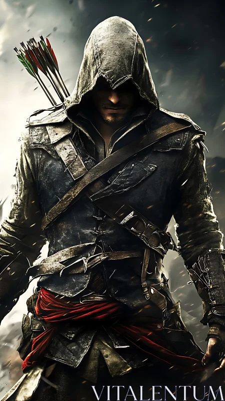 Hooded rogue archer stands ready amid swirling embers.