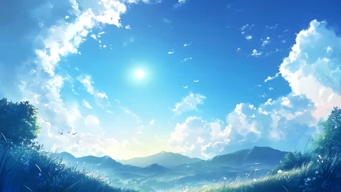 Sun-drunk meadow gazes toward cloud-bright mountain horizons.