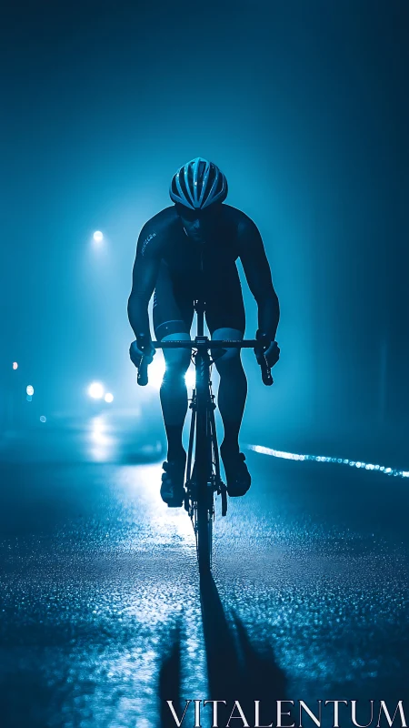Cyclist Riding Through Rain-Soaked Urban Night