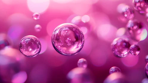 Iridescent pink bubbles suspended in luminous bokeh field.