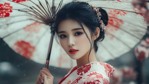 Cherry blossom gaze beneath a painted paper parasol dream.