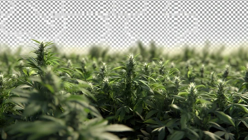 Dense cannabis field with semi-transparent checkered sky.