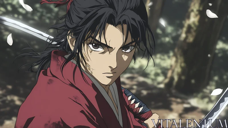 Determined anime swordsman ready for battle in forest.