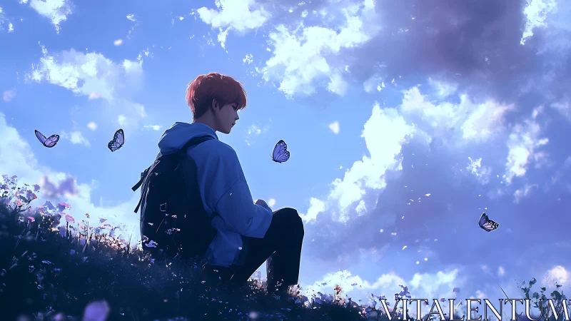 Quiet hillside daydream with a boy and gentle butterflies.