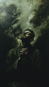 Solitary man in dark space with clasped hands, eyes raised.