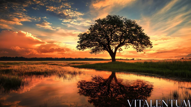 Solitary tree over glowing wetland sunset reflection.