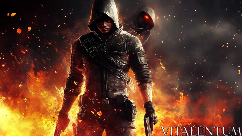 Hooded gunman emerges through inferno in high-contrast digital art