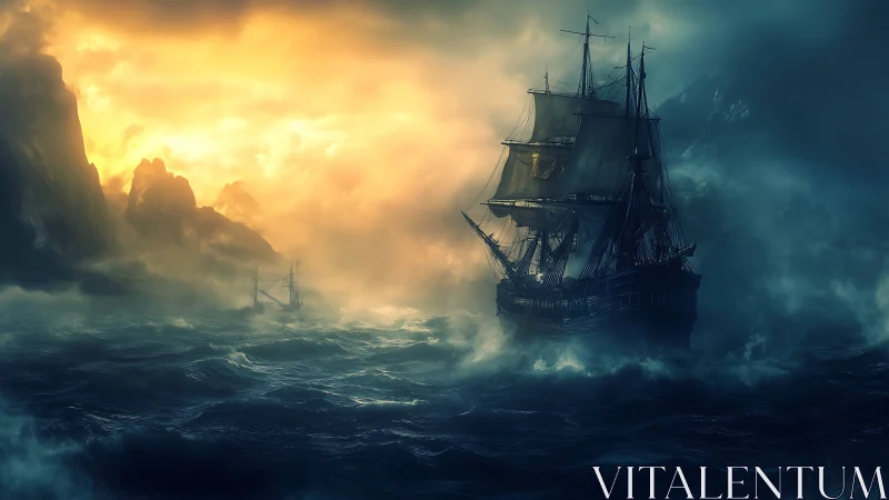 Storm-tossed galleon cuts through burning dawn fog.