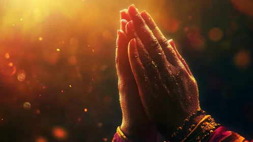 Folded praying hands against warm glowing light background.