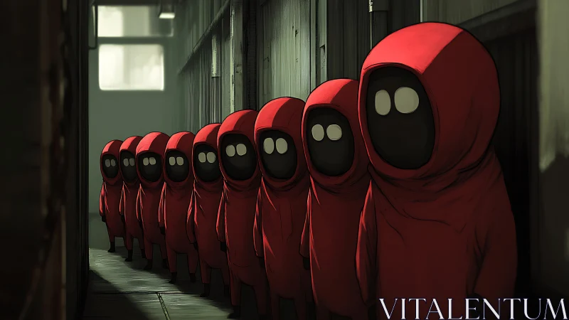 Quiet corridor of red-hooded figures waiting in line.