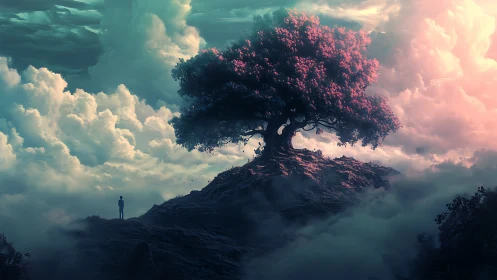 Solitary human figure observes elevated tree amid dense clouds