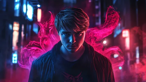 Midnight city walker wrapped in neon-pink mystery glow.