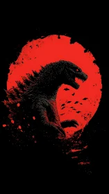 Roaring kaiju silhouette framed by a blazing red moon.