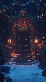 Snowy holiday doorway glows warmly with festive winter lights