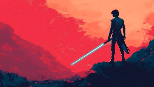 Silhouetted plasma-blade warrior over chromatic alien canyon.