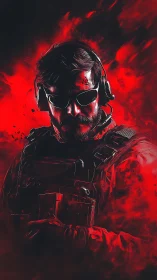 Tactical operator portrait in red abstract digital render.