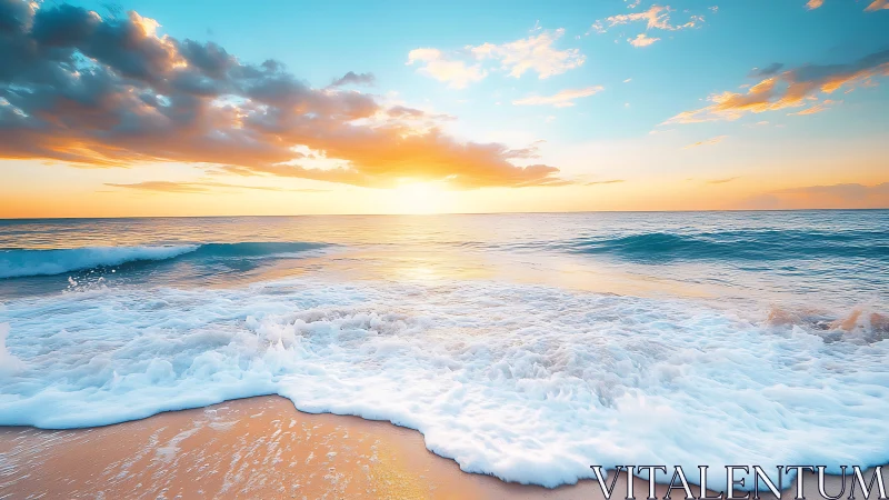 Gentle ocean sunrise spilling golden light across waves.